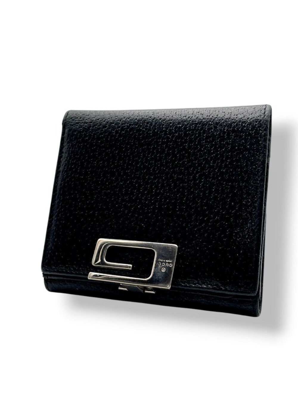 Gucci Vintage Bifold Wallet Compact G Metal Clip Black Leather Pigskin Silver